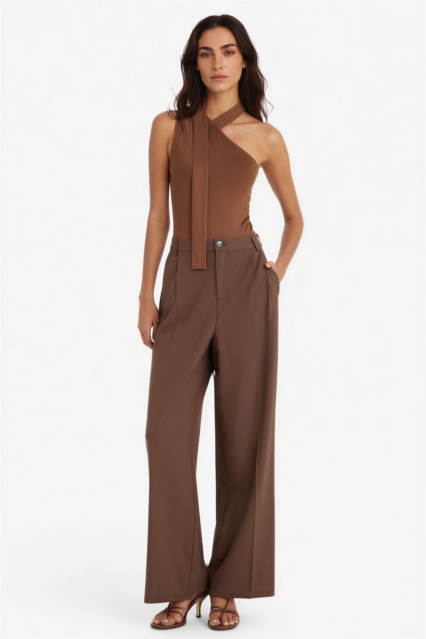 Kadın Kahve Tek Omuzlu Bağlama Detaylı Çıtçıtlı Body