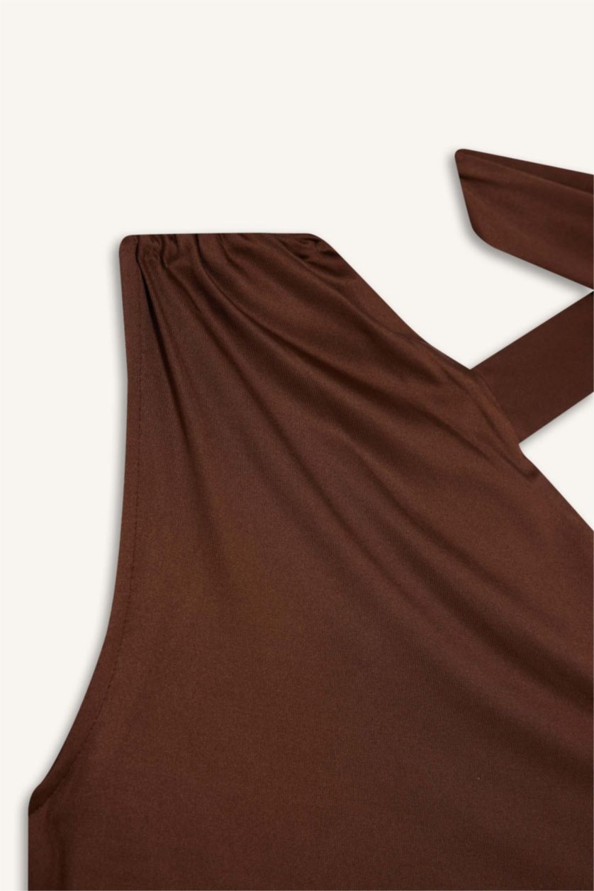 Kadın Kahve Tek Omuzlu Bağlama Detaylı Çıtçıtlı Body