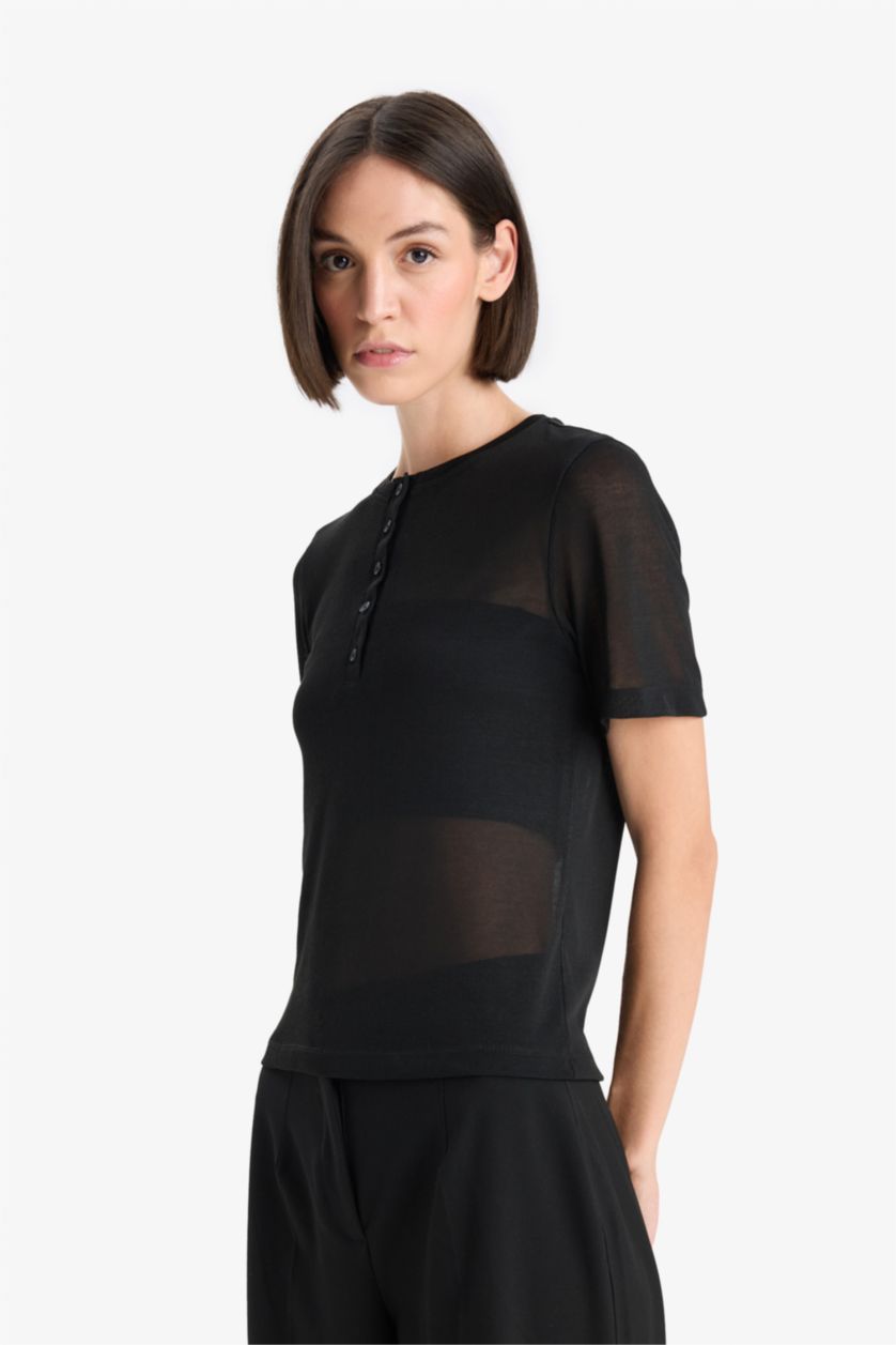 نساء أسود تيشيرت نص ردن مخصر مضلع بياقة مستديرة