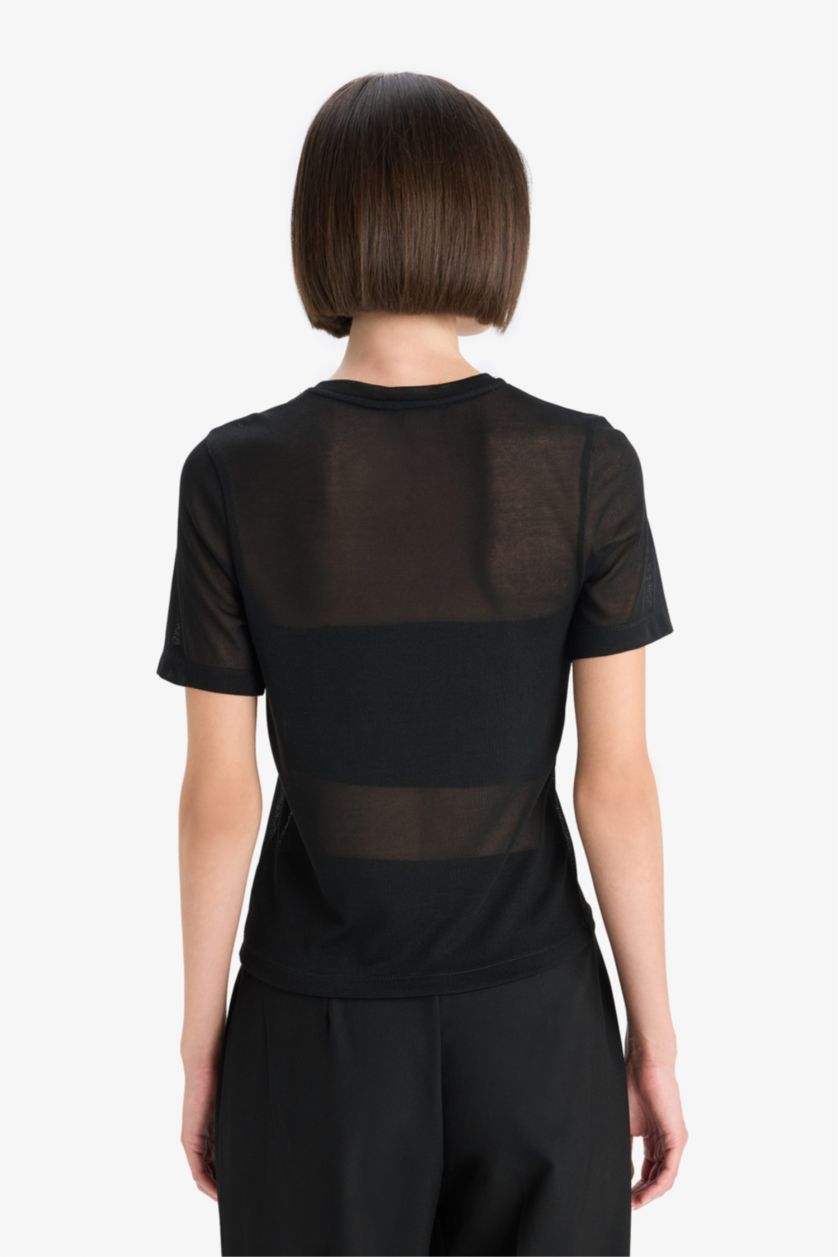 نساء أسود تيشيرت نص ردن مخصر مضلع بياقة مستديرة