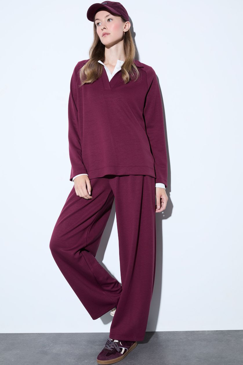 Kadın Bordo Barrel Fit Düz Paça Pantolon