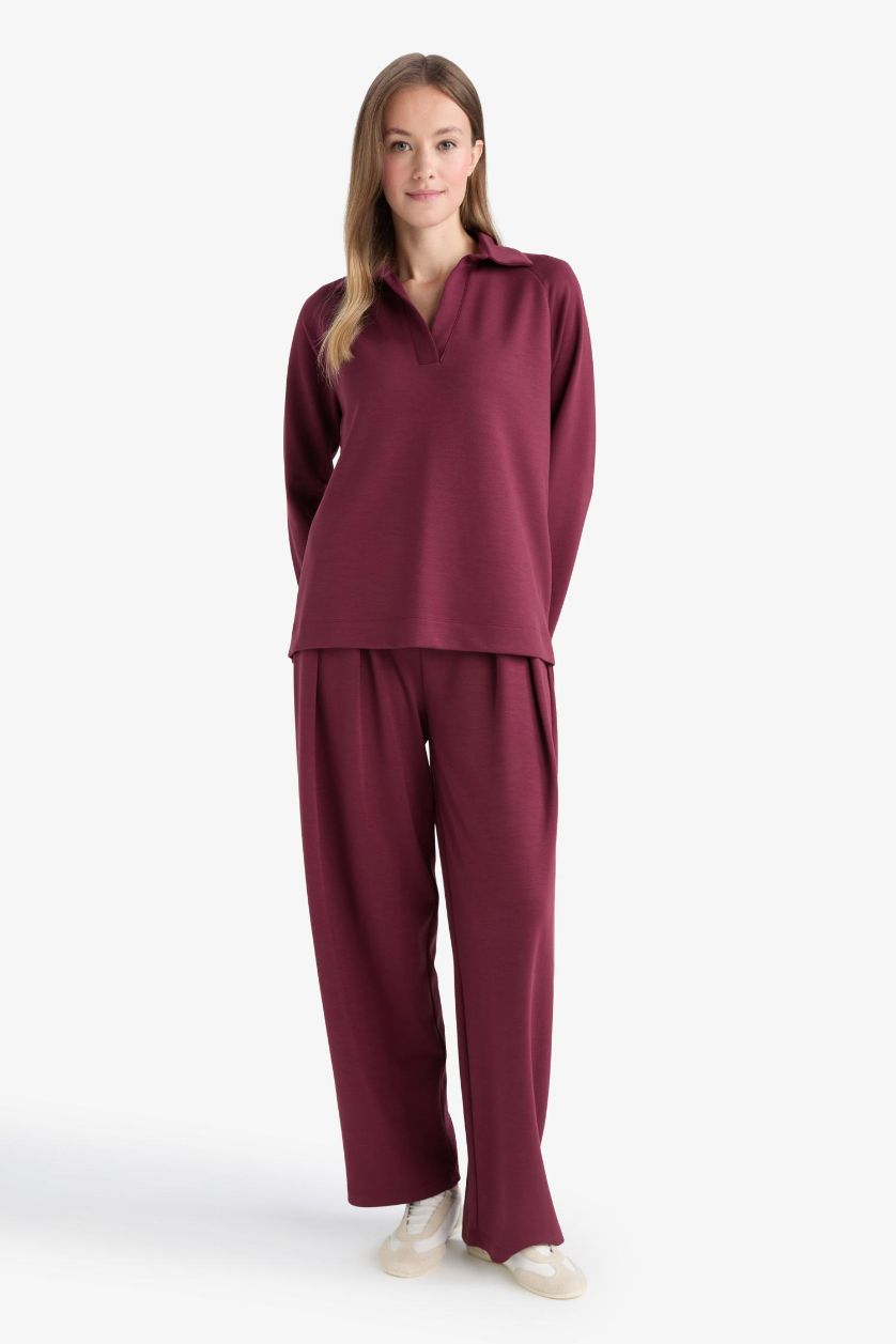 Kadın Bordo Barrel Fit Düz Paça Pantolon