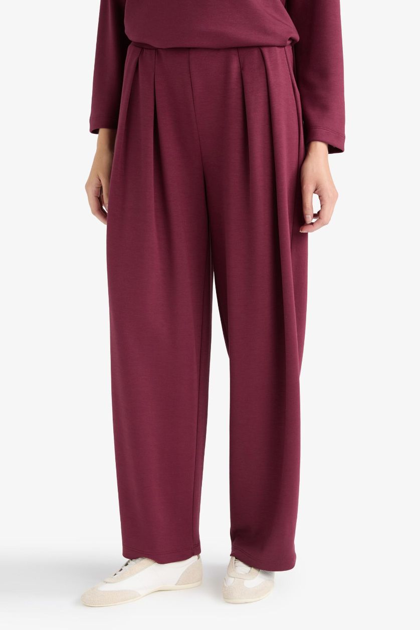 Kadın Bordo Barrel Fit Düz Paça Pantolon