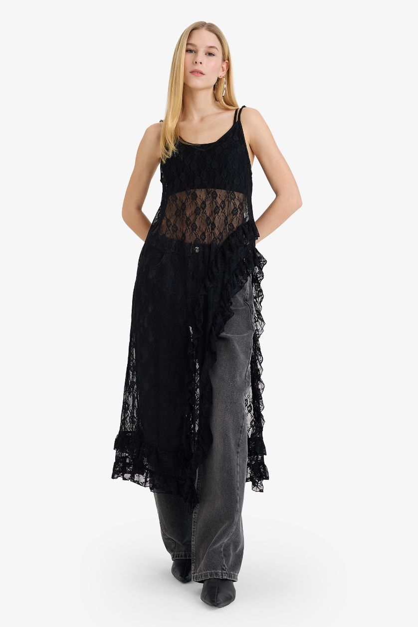 FEMME Noir Robe maxi en dentelle à bretelles et col V Coupe trapèze