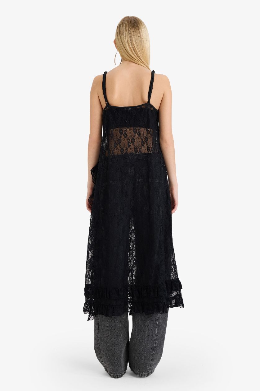 FEMME Noir Robe maxi en dentelle à bretelles et col V Coupe trapèze