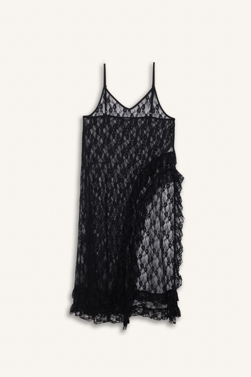 FEMME Noir Robe maxi en dentelle à bretelles et col V Coupe trapèze