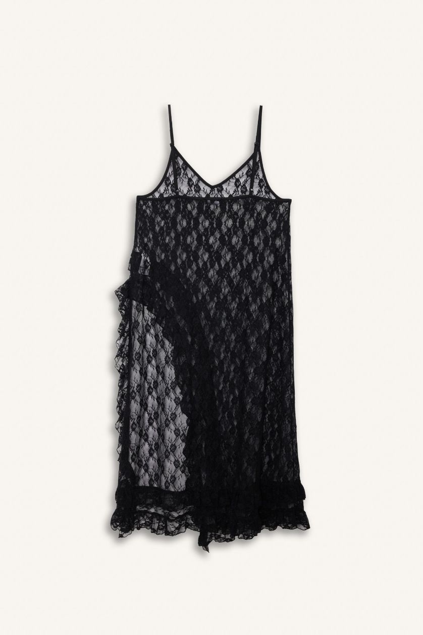 FEMME Noir Robe maxi en dentelle à bretelles et col V Coupe trapèze