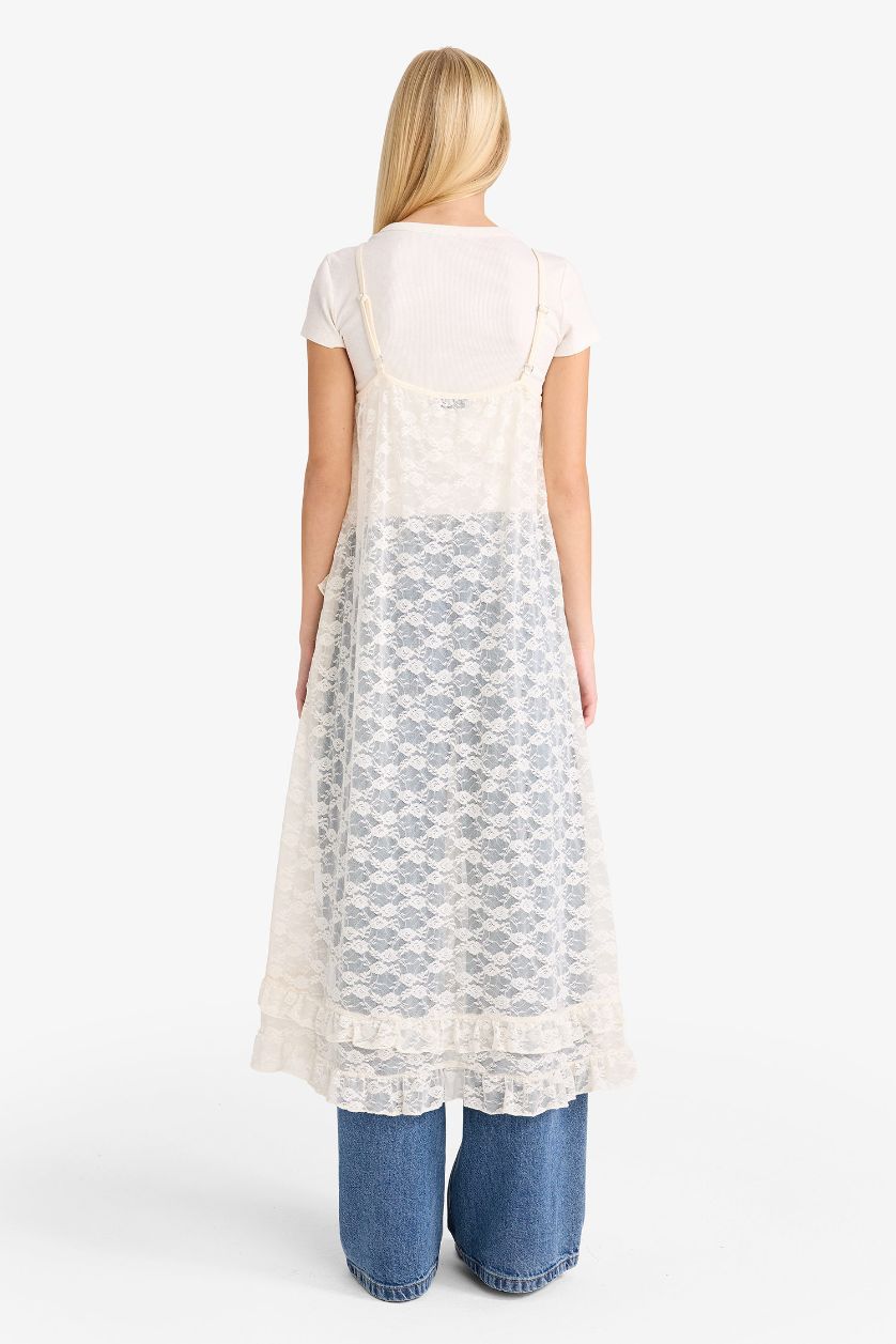 حريمي بيج فاتح فستان طويل دانتيل بقصة A بياقة V بحمالات