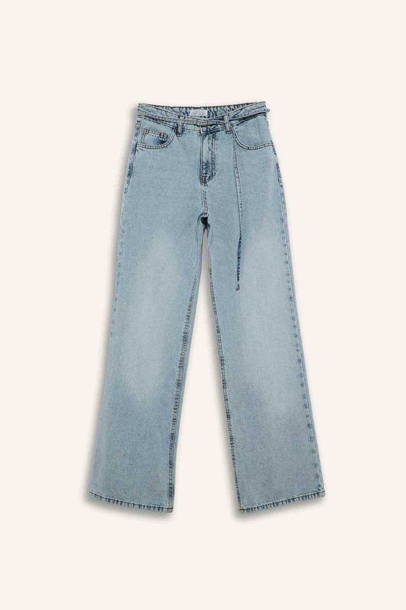 Woman Light Blue Straight Wide High Waist Straight Leg Long Jeans