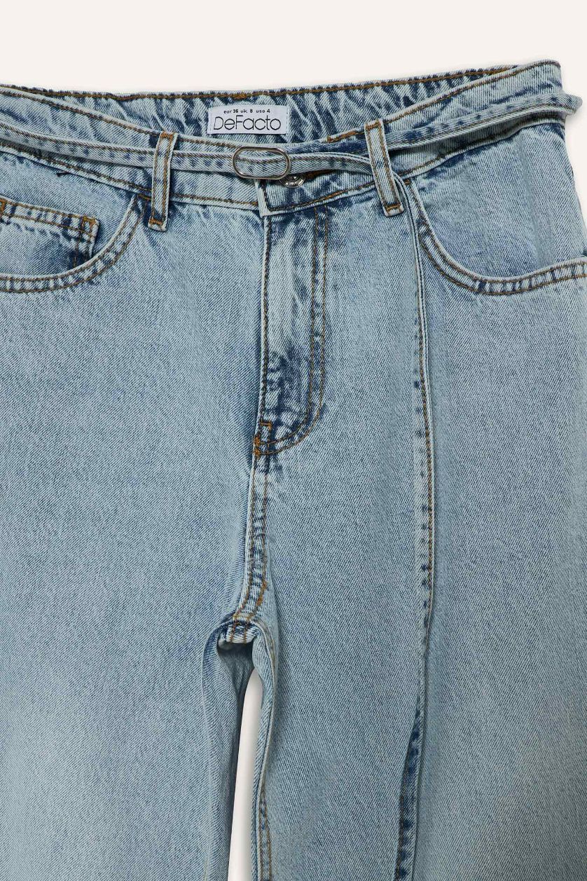 Woman Light Blue Straight Wide High Waist Straight Leg Long Jeans