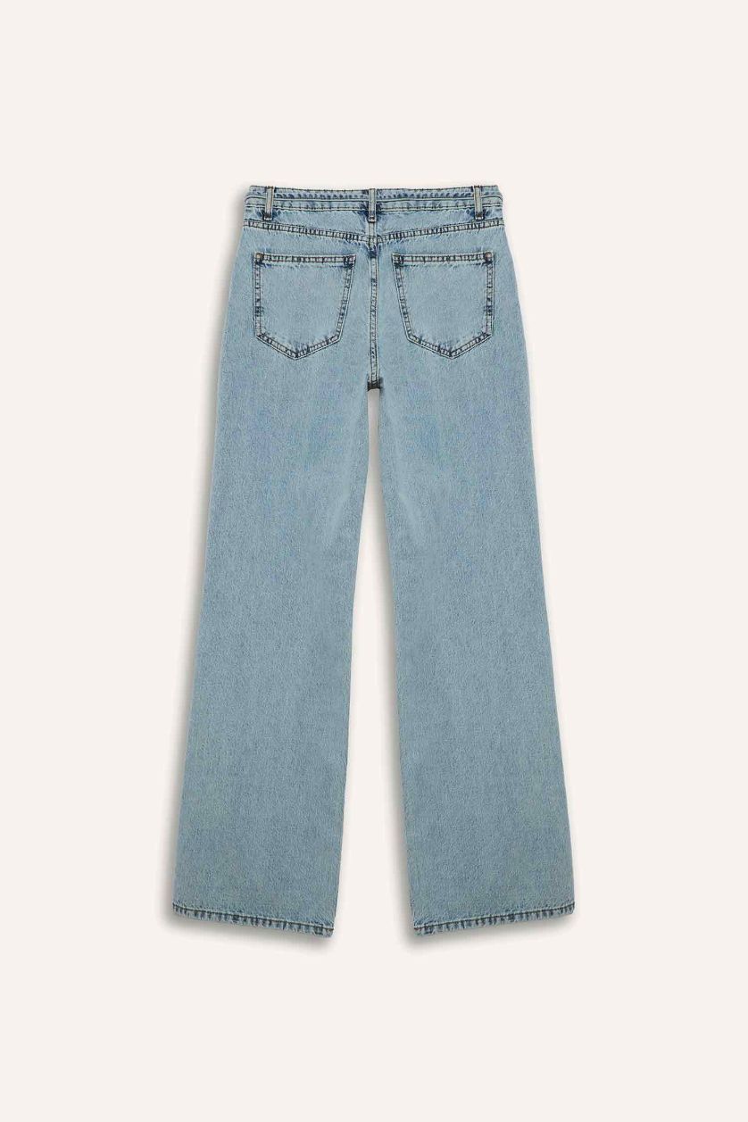 Woman Light Blue Straight Wide High Waist Straight Leg Long Jeans