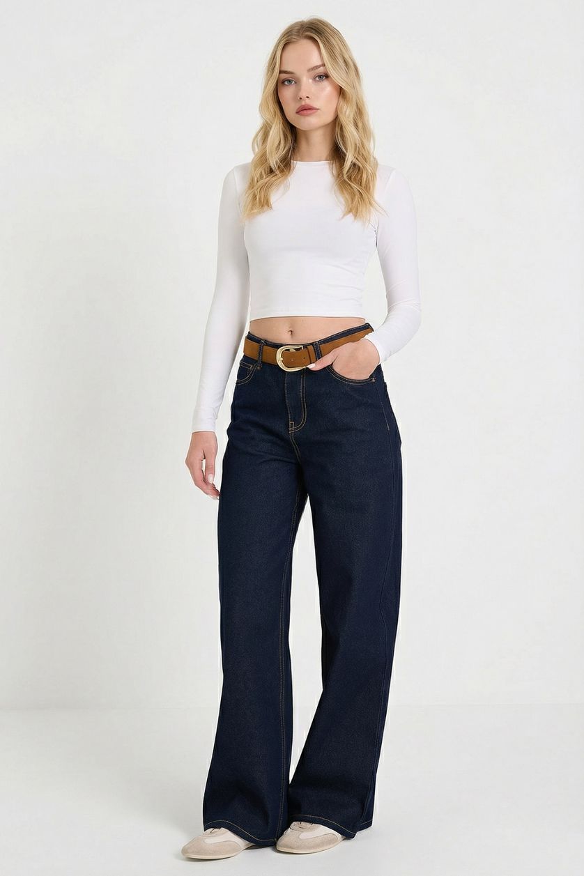 WOMAN Blue Black Wide Leg Regular Hem Denim Trousers