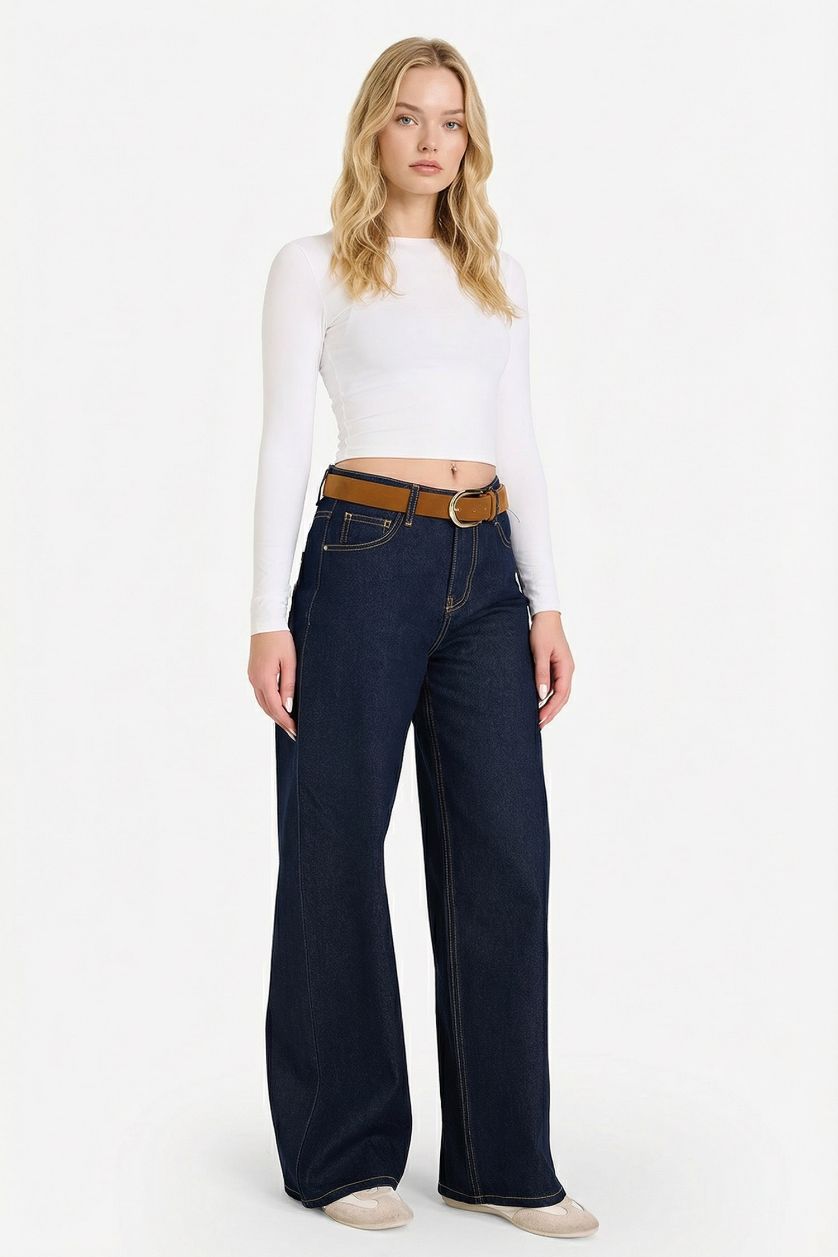 WOMAN Blue Black Wide Leg Regular Hem Denim Trousers