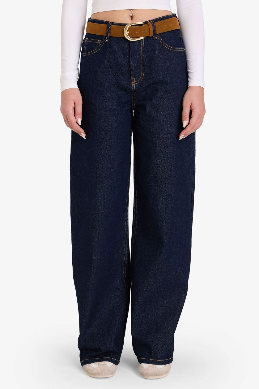 WOMAN Blue Black Wide Leg Regular Hem Denim Trousers