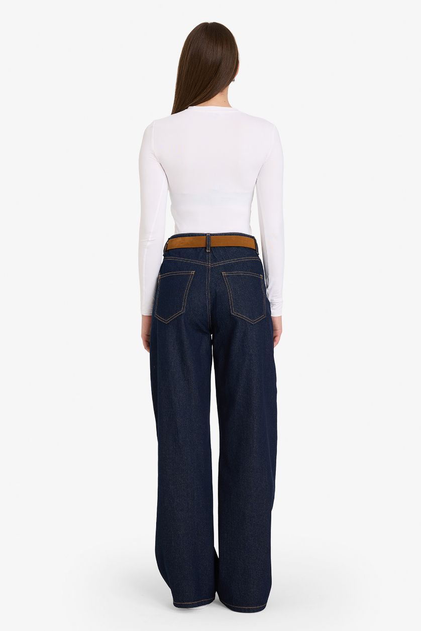 WOMAN Blue Black Wide Leg Regular Hem Denim Trousers