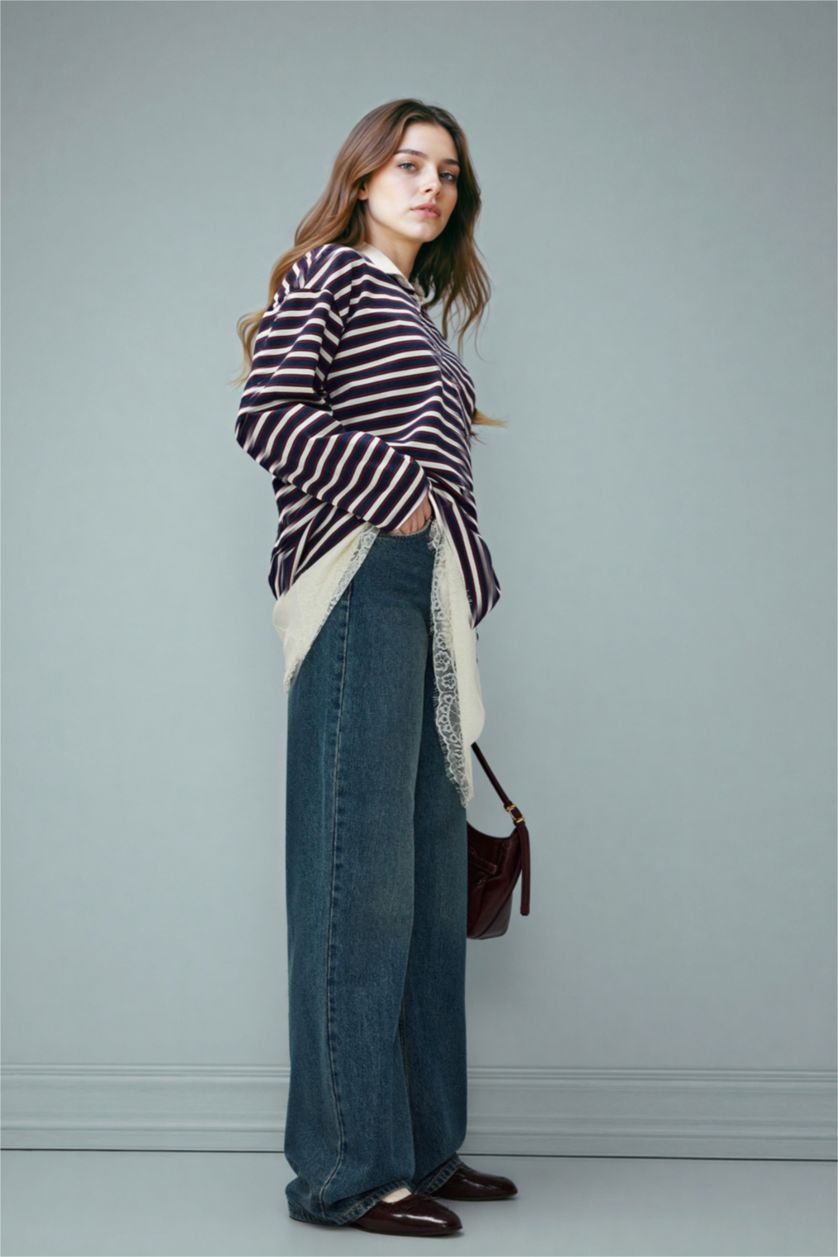 Woman Blue Straight Wide High Waist Wide Leg Jeans