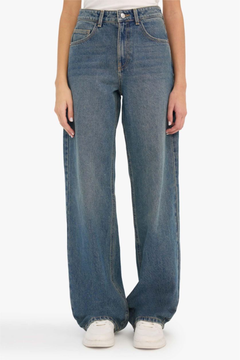Woman Blue Straight Wide High Waist Wide Leg Jeans