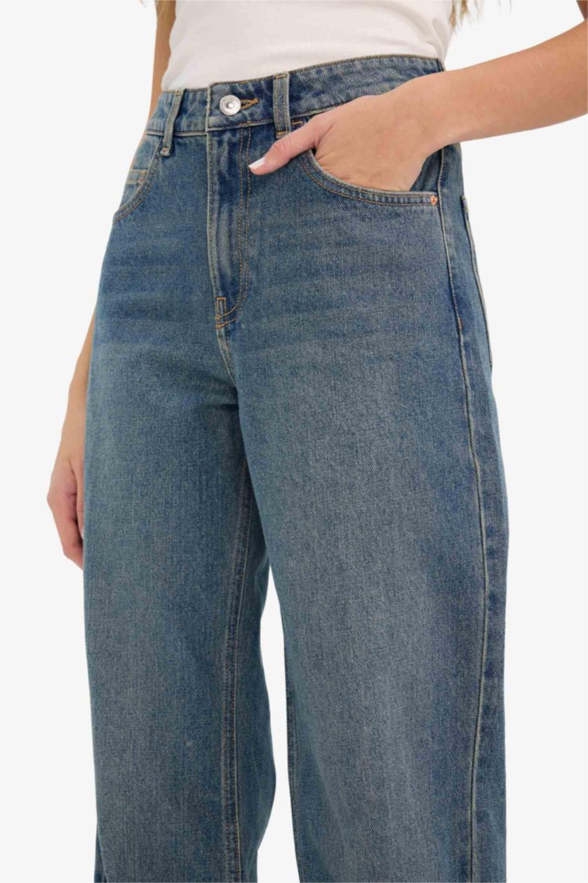 Woman Blue Straight Wide High Waist Wide Leg Jeans