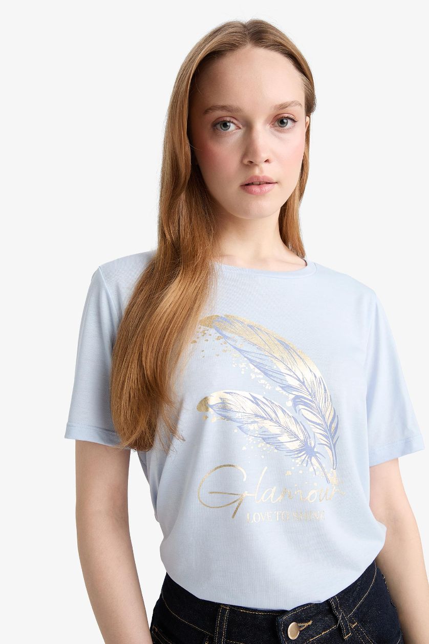 Woman Light Blue Regular Fit Crew Neck Printed T-Shirt