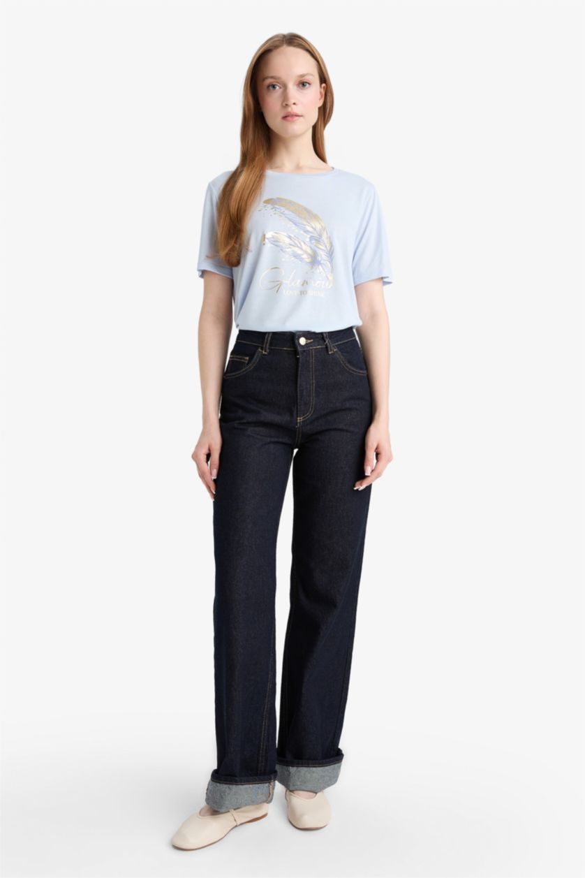 Woman Light Blue Regular Fit Crew Neck Printed T-Shirt