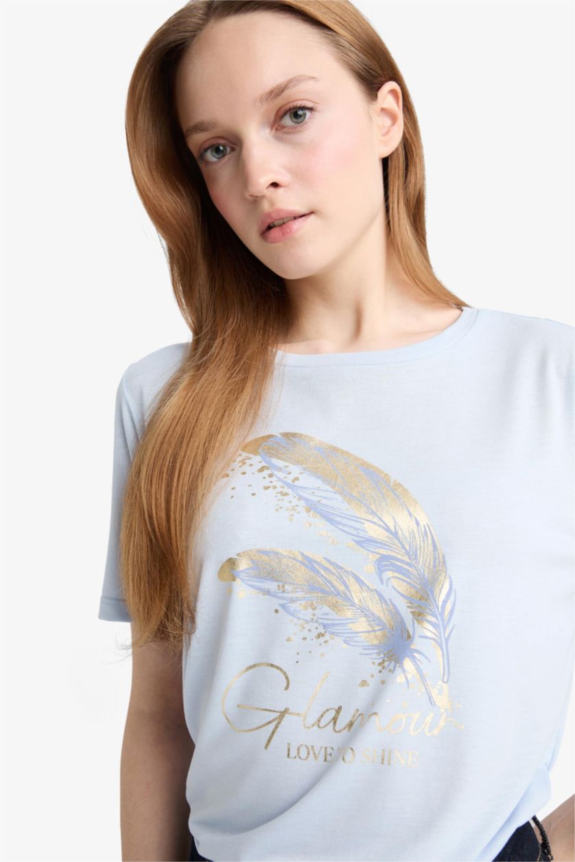 Woman Light Blue Regular Fit Crew Neck Printed T-Shirt