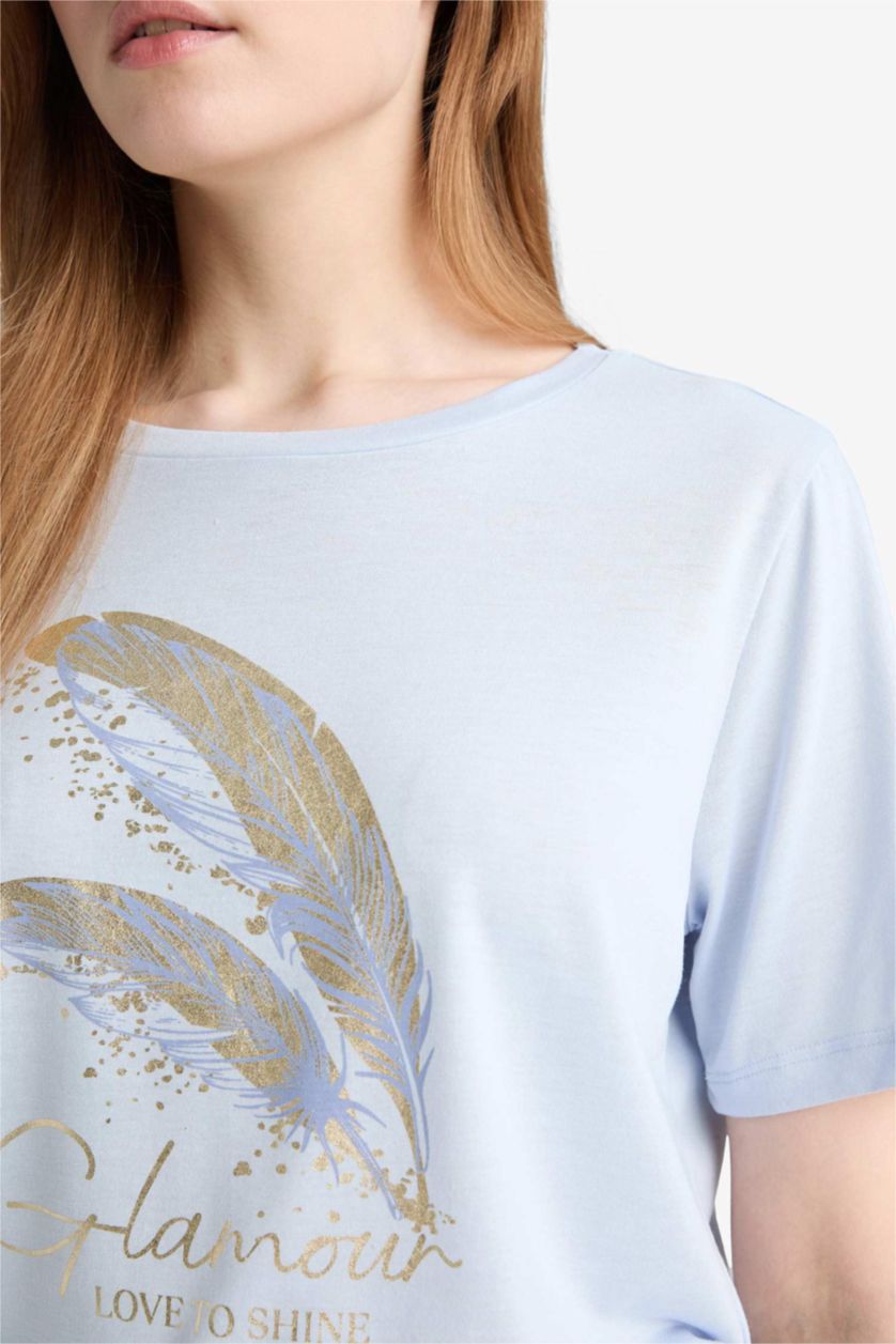 Woman Light Blue Regular Fit Crew Neck Printed T-Shirt
