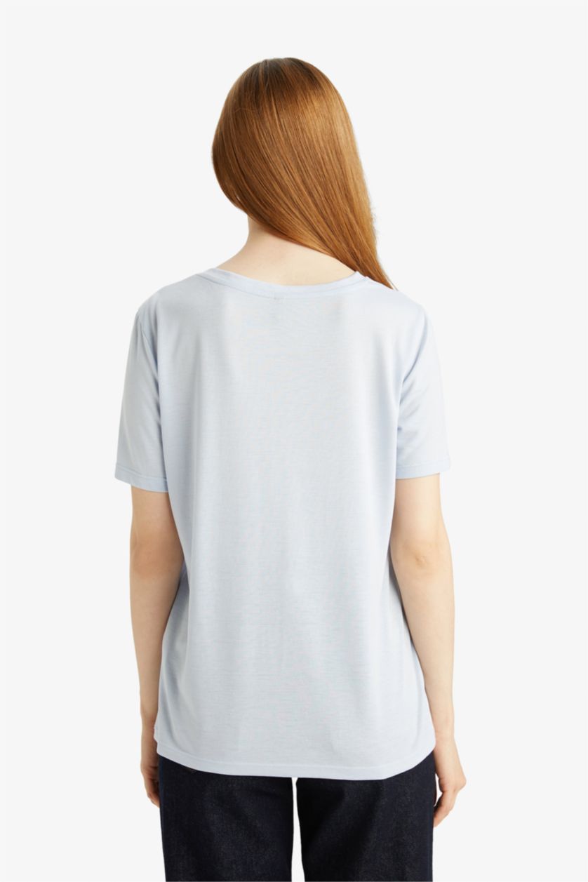 Woman Light Blue Regular Fit Crew Neck Printed T-Shirt