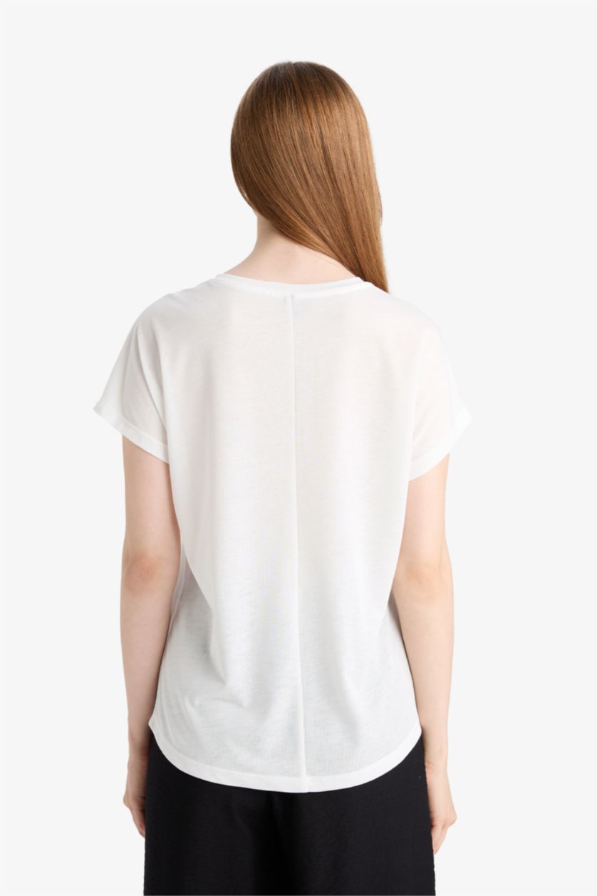 نساء بيج فاتح Crew Neck Puff Print Short Sleeve T-Shirt