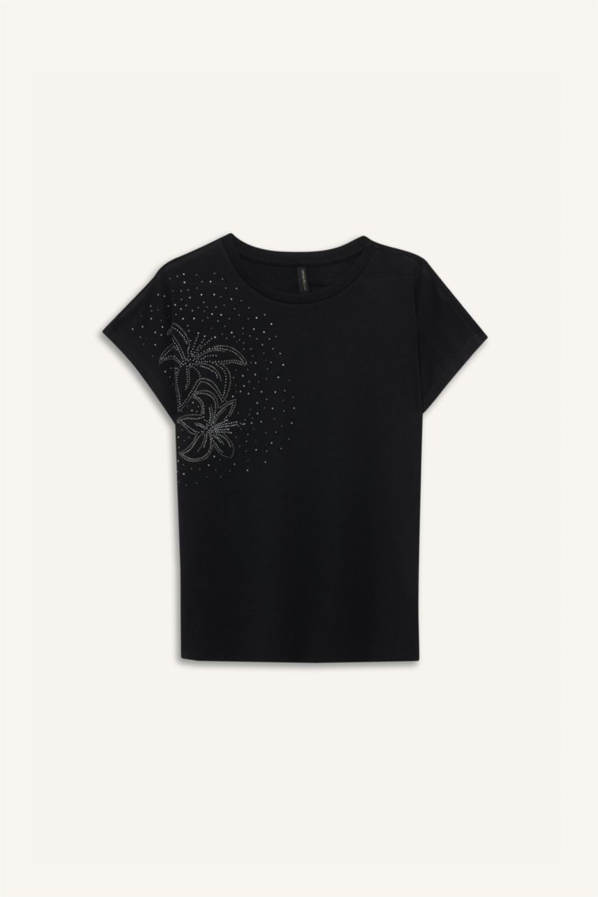 Kadın Siyah Bisiklet Yaka Taş Baskılı Kısa Kollu Tişört