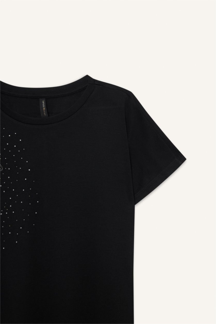 Kadın Siyah Bisiklet Yaka Taş Baskılı Kısa Kollu Tişört