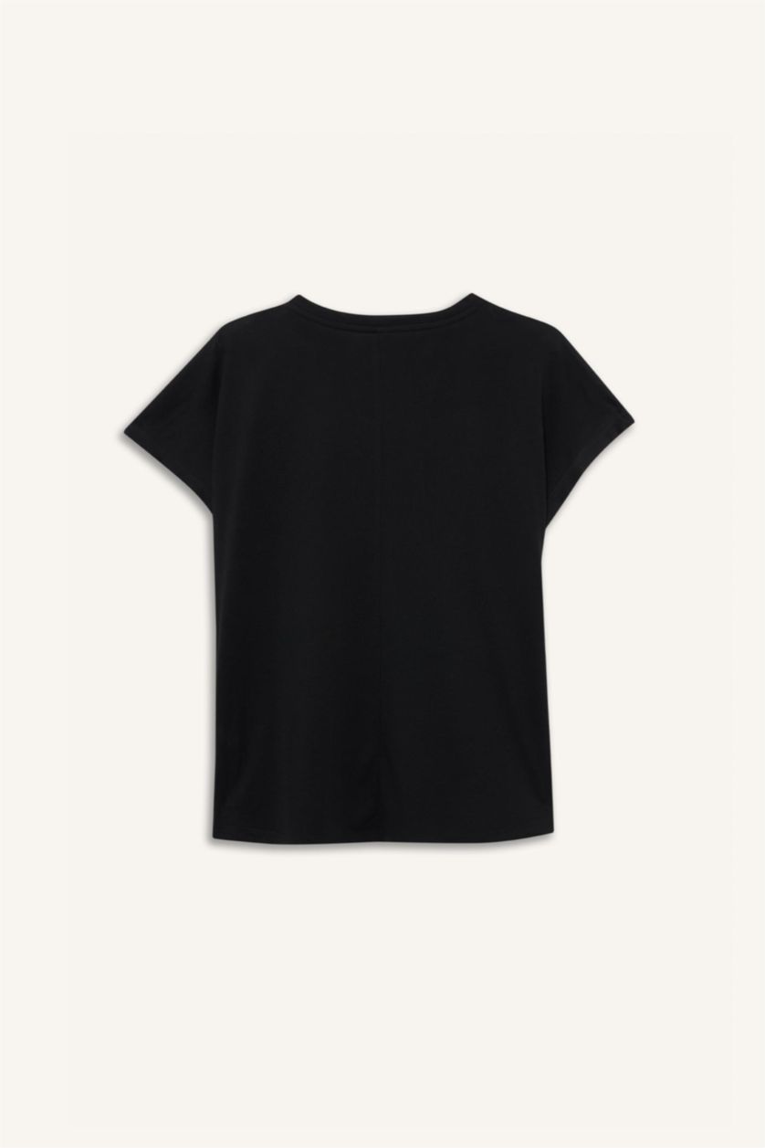 Kadın Siyah Bisiklet Yaka Taş Baskılı Kısa Kollu Tişört