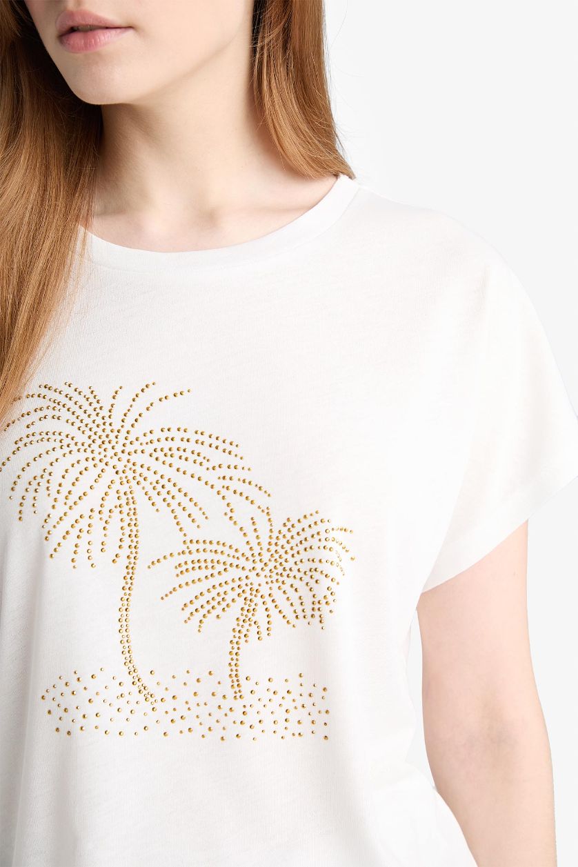 Woman Ecru تيشيرت نص ردن بطبعة أحجار وياخة مستديرة