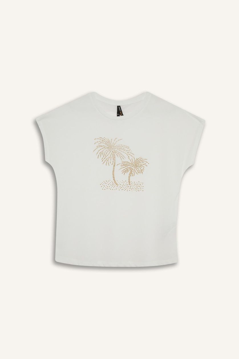 Woman Ecru تيشيرت نص ردن بطبعة أحجار وياخة مستديرة