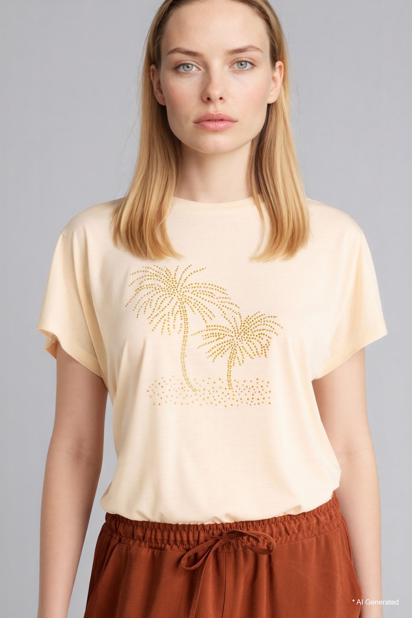 WOMAN Light Yellow Rhinestone Crew Neck T-shirt
