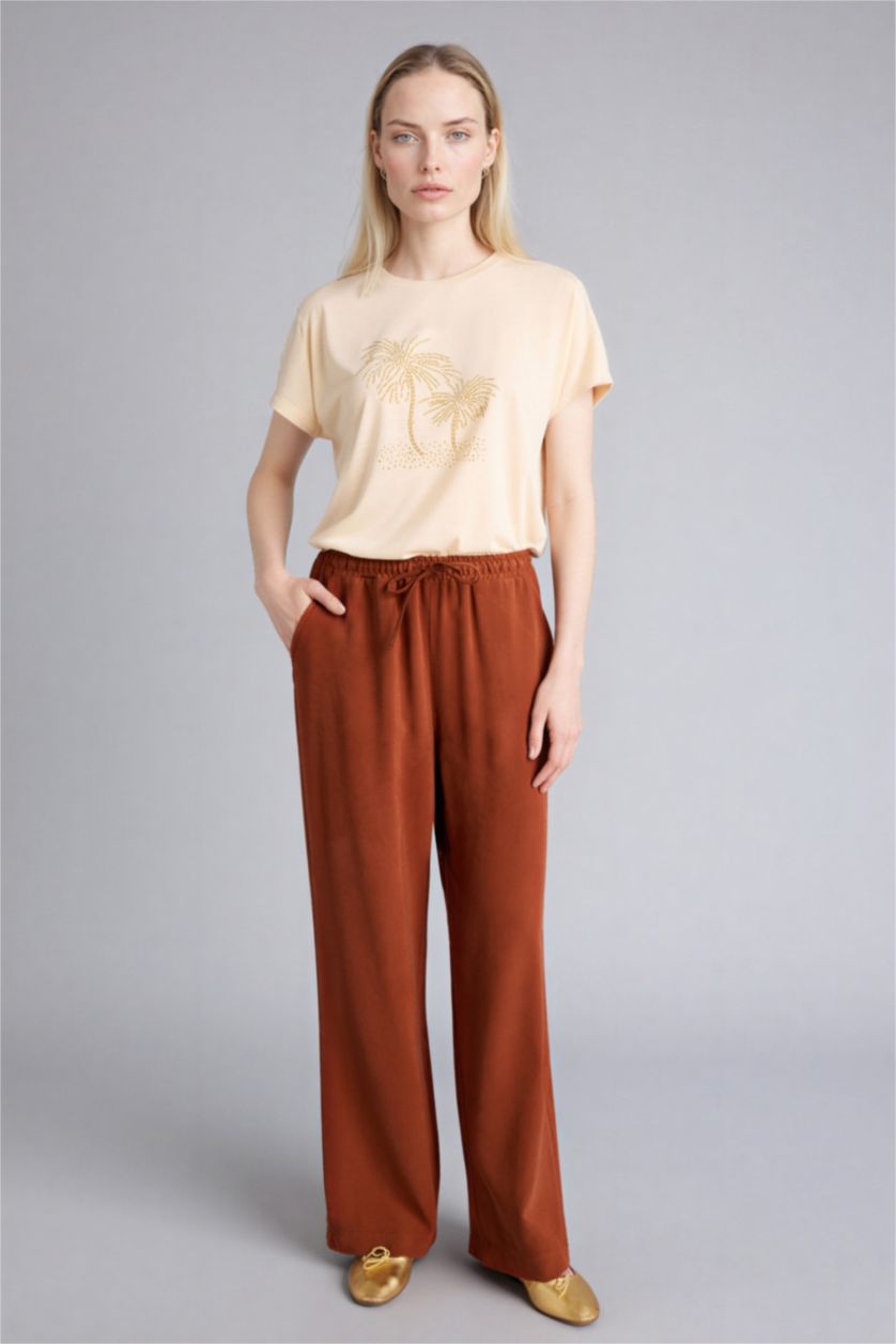 Женщины Светло-желтый Футболка с круглым вырезом коротким рукавом и принтом из камней