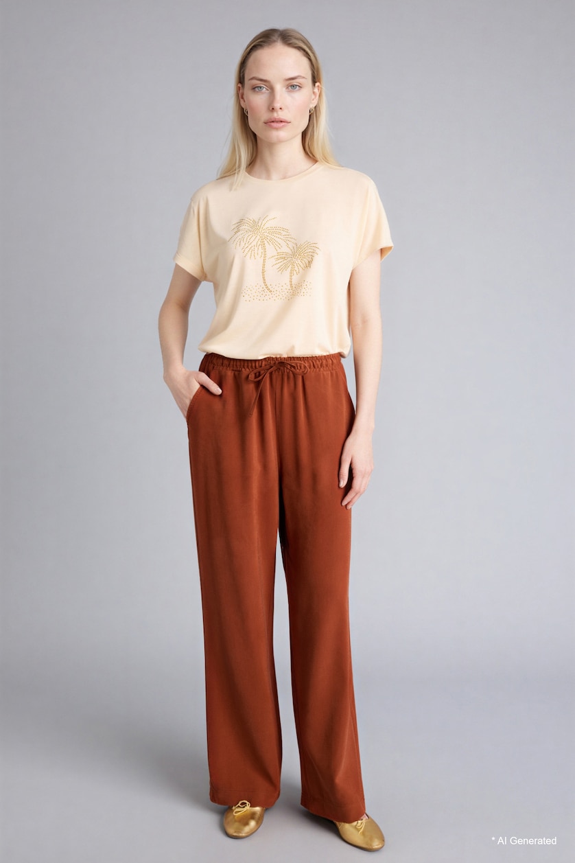 WOMAN Light Yellow Rhinestone Crew Neck T-shirt