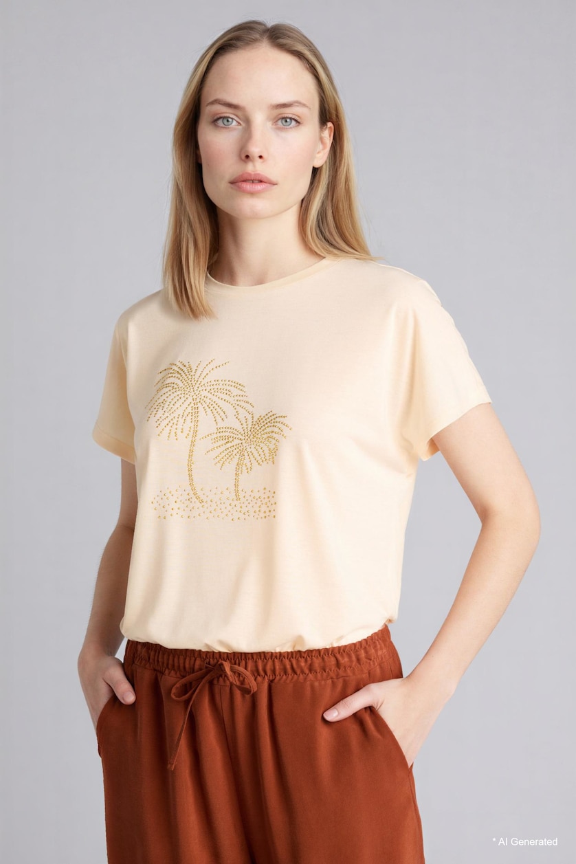 WOMAN Light Yellow Rhinestone Crew Neck T-shirt