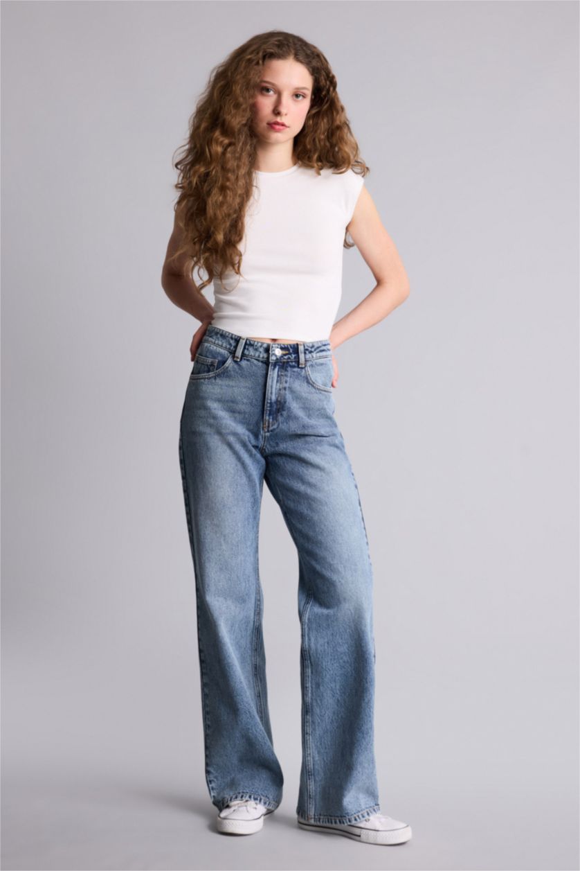 حريمي أزرق بنطلون جينز قصة مستفيمة واسعة وخصر عالي