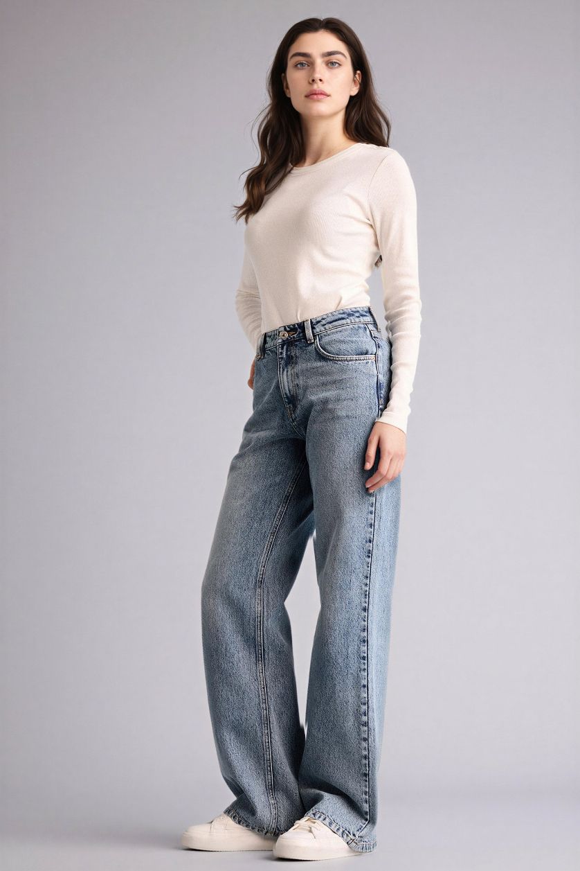 نساء أزرق بنطرون جينز وايد ليج برجل واسع وخصر عالي