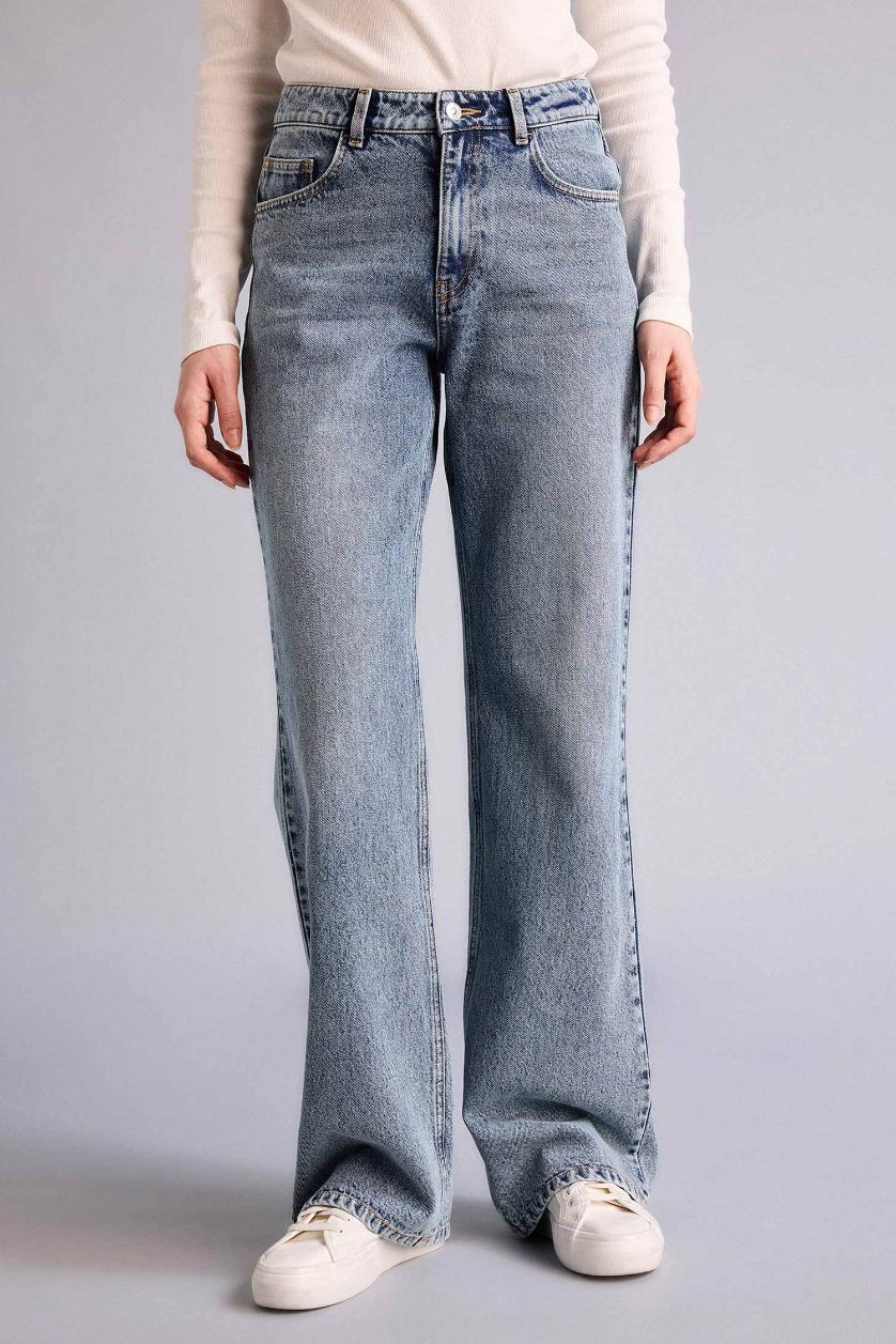 نساء أزرق بنطرون جينز وايد ليج برجل واسع وخصر عالي