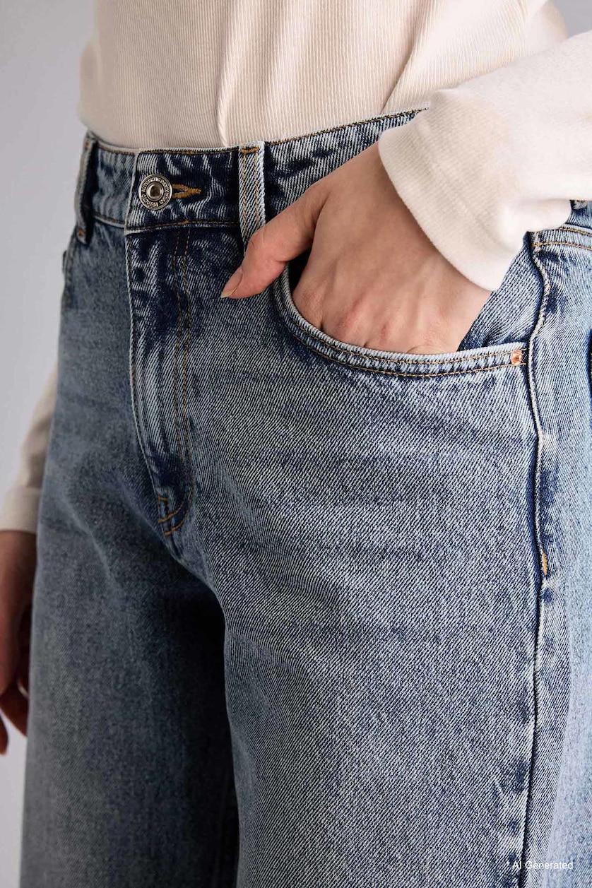 نساء أزرق بنطرون جينز قطن 100% برجل واسع وخصر عالي