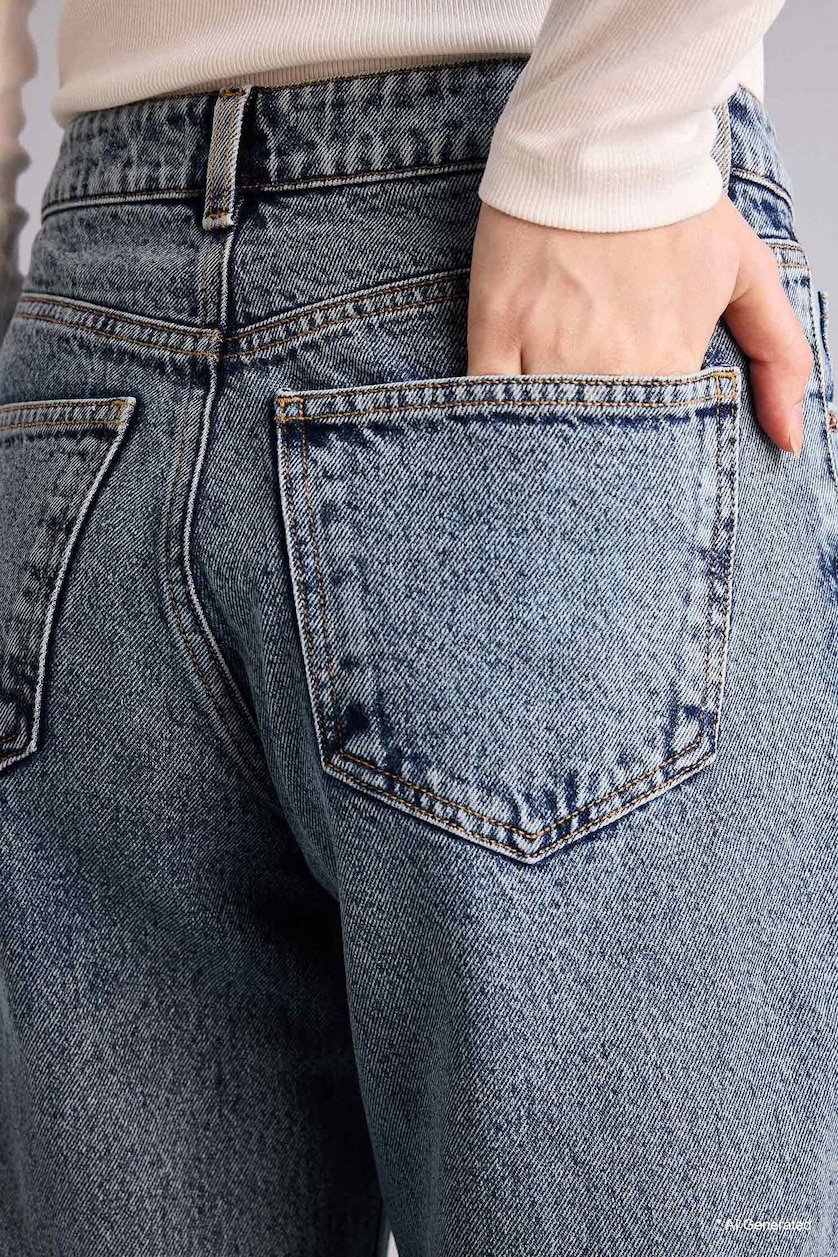 نساء أزرق بنطرون جينز قطن 100% برجل واسع وخصر عالي