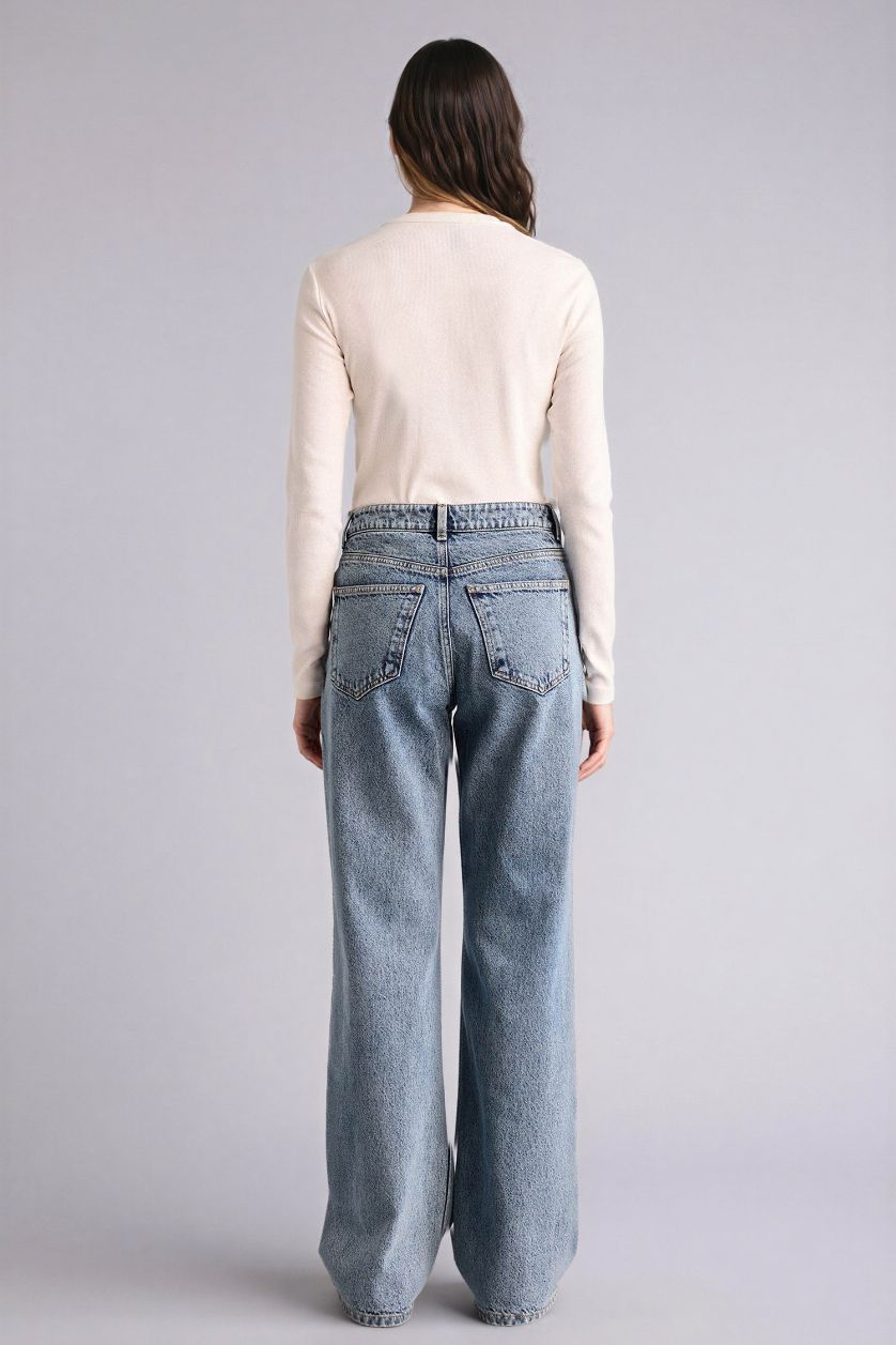 نساء أزرق بنطرون جينز وايد ليج برجل واسع وخصر عالي