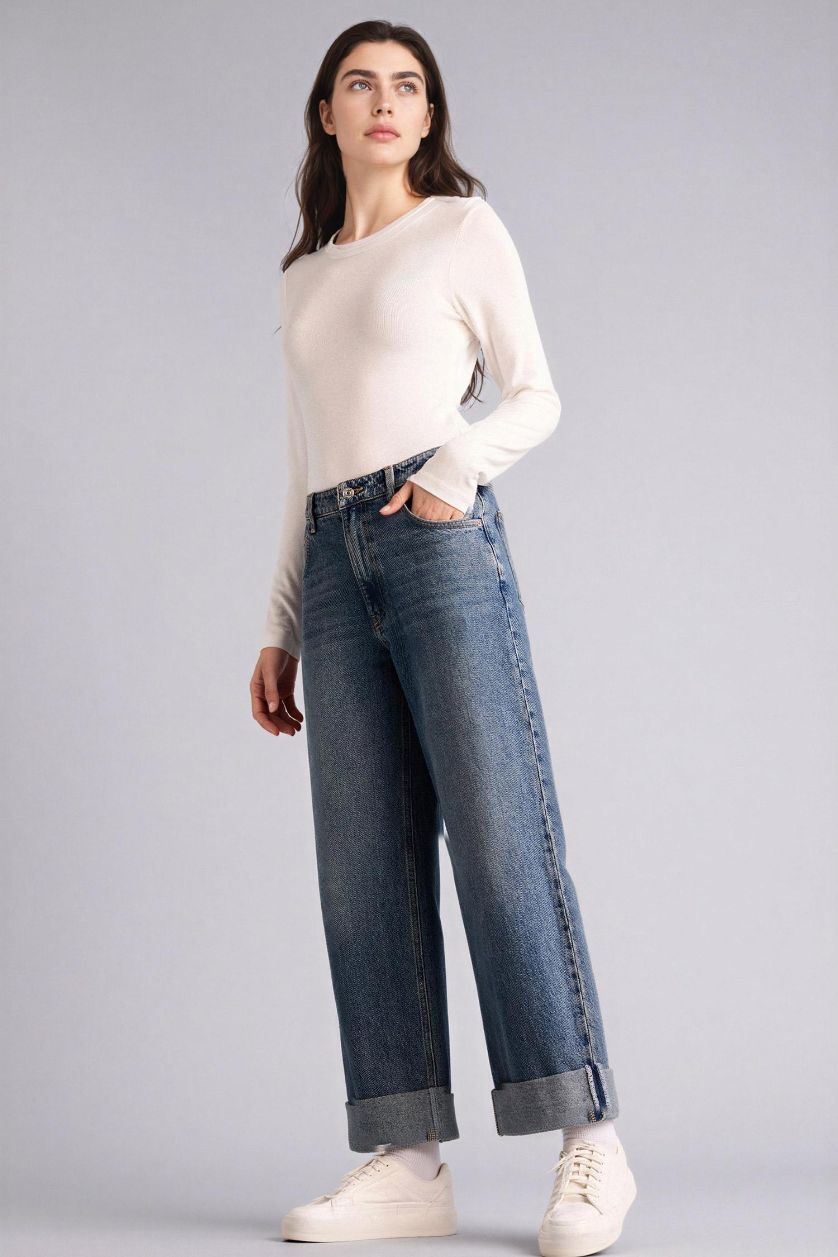 Kadın Koyu Mavi Baggy Fıt Yüksek Bel Katlamalı Paça Jean Pantolon