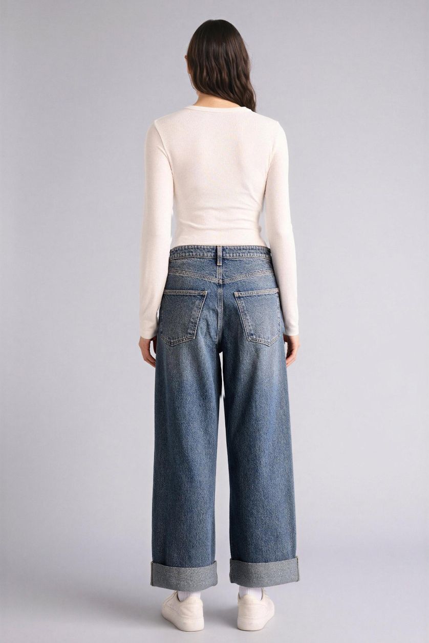 Kadın Koyu Mavi Baggy Fıt Yüksek Bel Katlamalı Paça Jean Pantolon