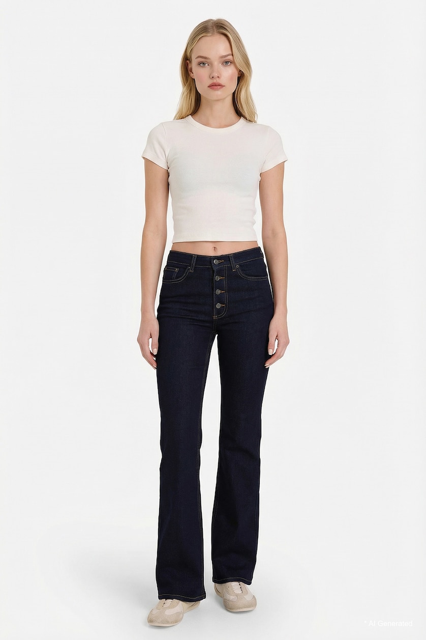 Kadın Mavi Siyah Flare Fit Orta Bel Jean