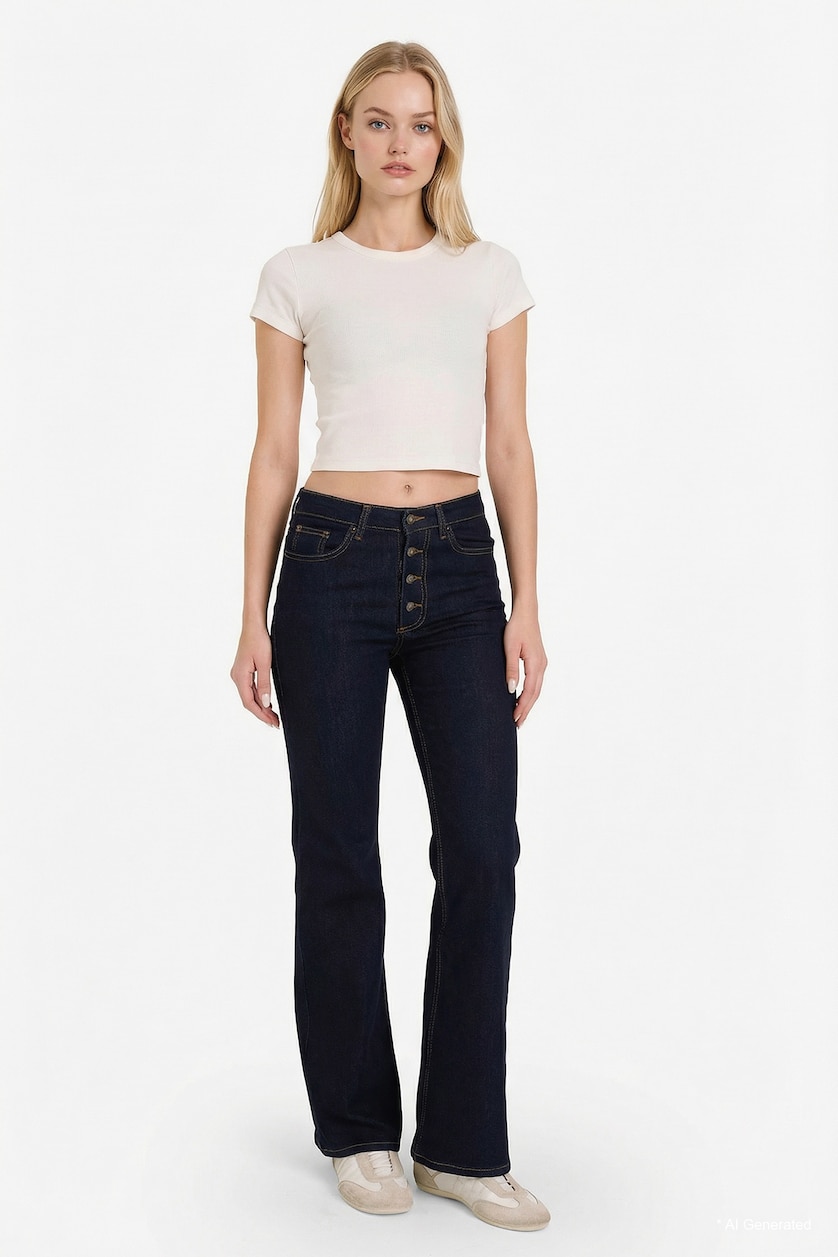 Kadın Mavi Siyah Flare Fit Orta Bel Jean