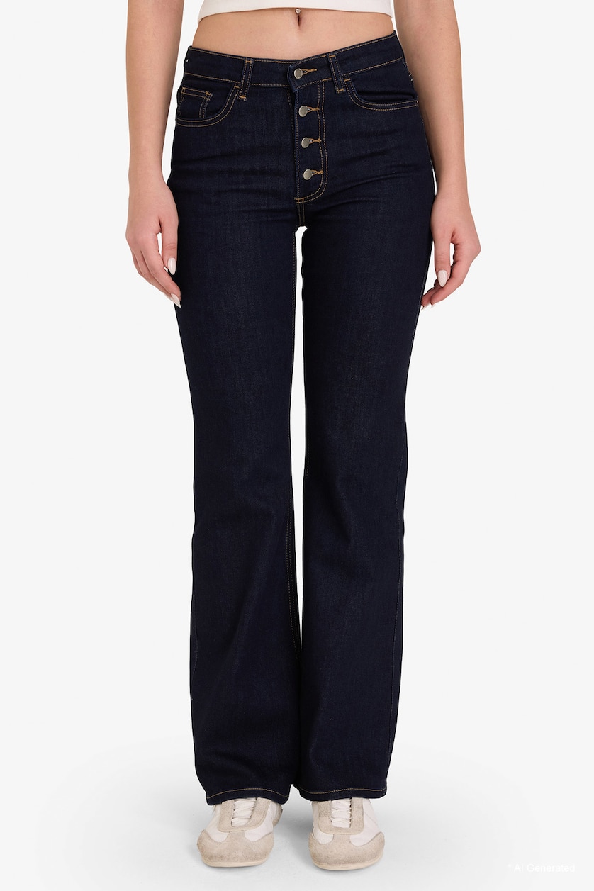 Kadın Mavi Siyah Flare Fit Orta Bel Jean
