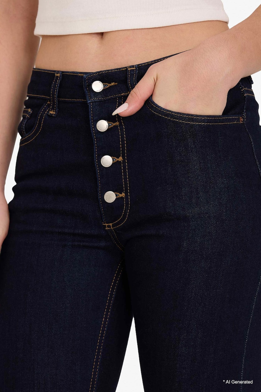 Kadın Mavi Siyah Flare Fit Orta Bel Jean