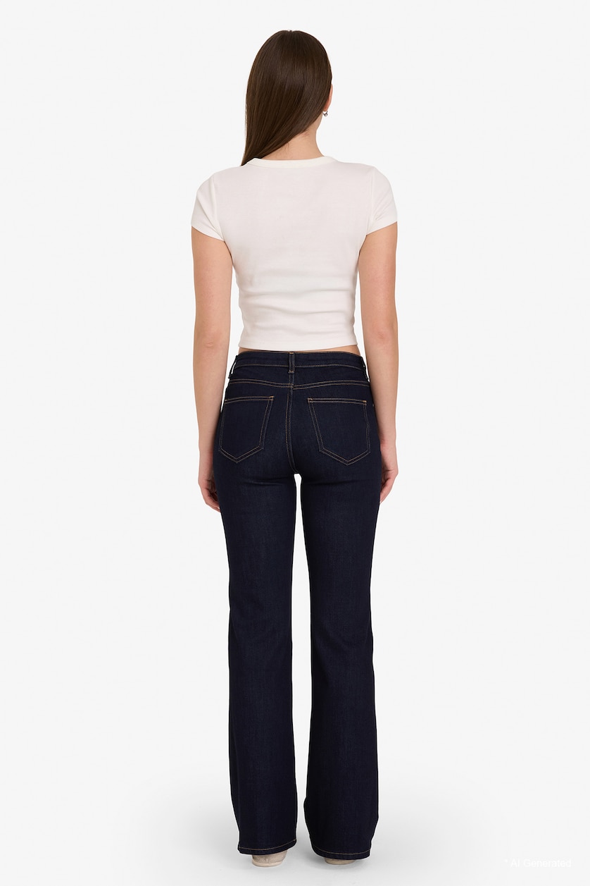 Kadın Mavi Siyah Flare Fit Orta Bel Jean
